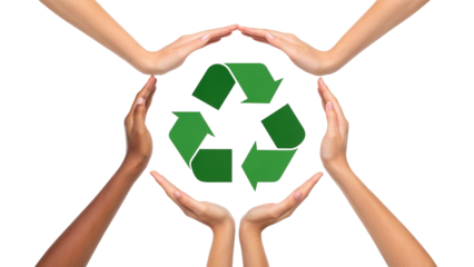 Hands surrounding green recycling symbol isolated on transparent background isolated on transparent background