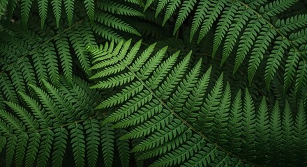 Full frame, close-up background texture of dark green tropical fern leaves, showing intricate natural pattern and detail