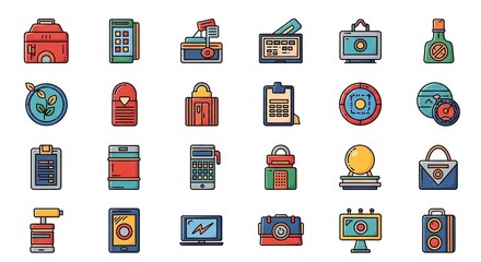 Collection of Colorful Business and Finance Icons on White Background.