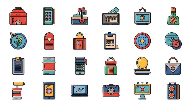 Collection of Colorful Business and Finance Icons on White Background.