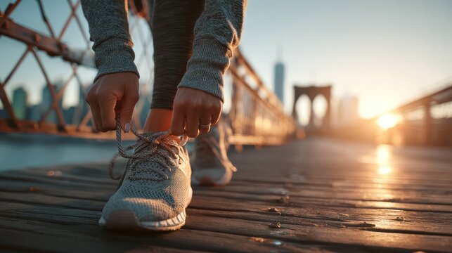 A person ties their running shoe on a wooden bridge at sunrise, city skyline in background - Powered by Adobe