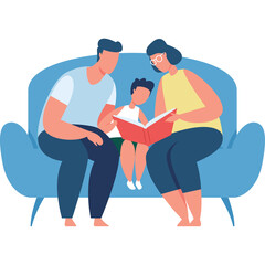 Family Reading A Book Together On A Blue Sofa Diverse Ethnic Background Caucasian Parents And Child Enjoying Story Time With Open Book Colorful Illustration On Transparent Background