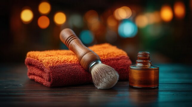 Elegant shaving brush and warm towels create a relaxing grooming scene for men's self-care and classic barber shop aesthetics, perfect for lifestyle brands