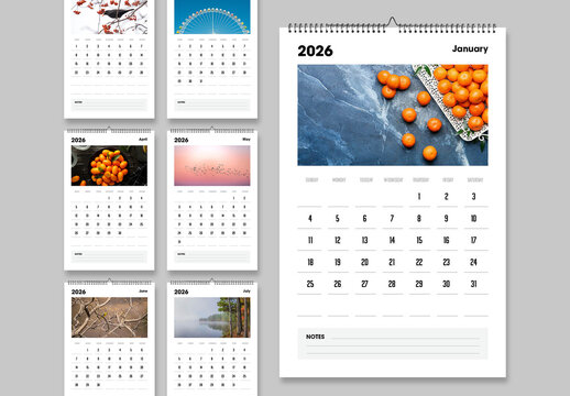 Minimal 2026 Wall Calendar Template with Monthly Photo Layout