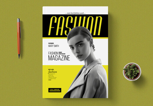 Modern Fashion Magazine Cover Design Template in Yellow and Black Layout