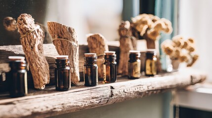 valerian. Dried valerian roots and small bottles on a rustic wooden shelf. menu design, packaging mockups, designed for culinary blogs and recipe cards for restaurants.