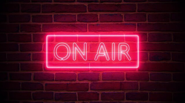 On air neon sign light on brick wall background. 4k animation video