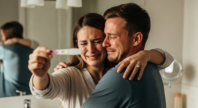 Emotional couple reacts to positive pregnancy test result with tears of joy and relief