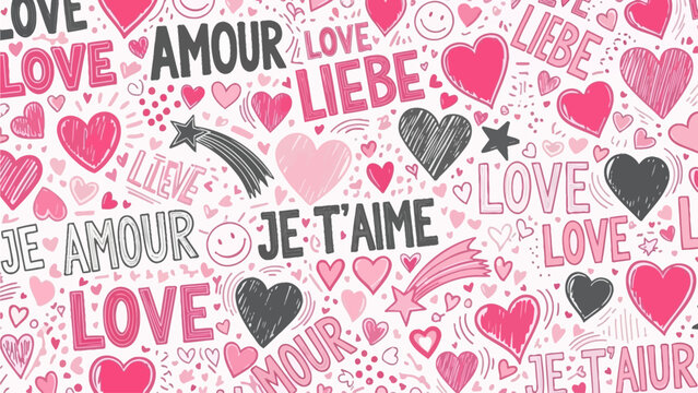 Hand-Drawn Love Doodles Pattern - Romantic Hearts & Text Background