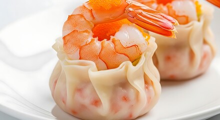 Close-up of a delicious shrimp dumpling in a white plate, ready to be served