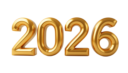 Shiny golden 2026 foil balloon numbers on clean white. Elegant metallic gold 2026 balloon text with glossy 3D finish. Perfect premium Happy New Year 2026 celebration party decor