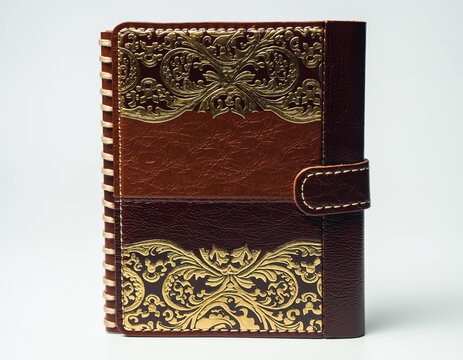 Leather journal with ornate gold detailing rests on a white surface, showcasing craftsmanship and vintage aesthetic, evoking a sense of timeless elegance.