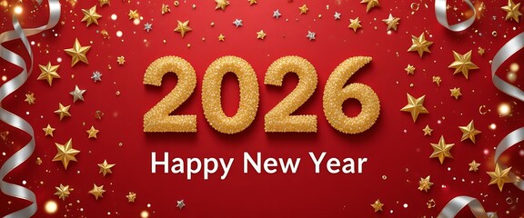Golden glitter 2026 with sparkling stars and ribbons on vibrant red background