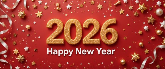 2026 golden glitter numbers. Happy new year banner. Background with gold and silver confetti.