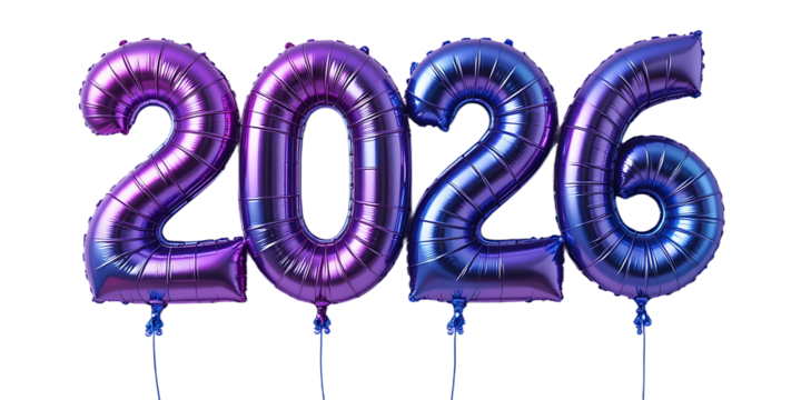 purple-to-blue 2026 balloon numbers against clean white backdrop. Happy New Year 2026 party banner and wallpaper design.