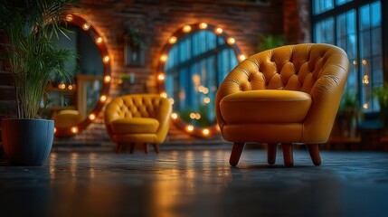 Luxurious yellow tufted armchairs invite relaxation in a chic, warm studio space with dramatic lighting and lush greenery