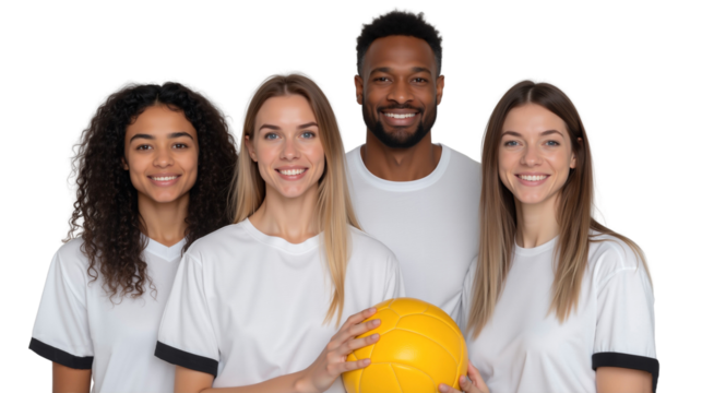 Diverse volleyball team smiling and holding a yellow ball, isolated on transparent background, png