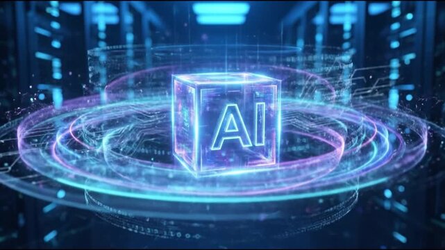 Glowing digital cube with artificial intelligence symbol in server room