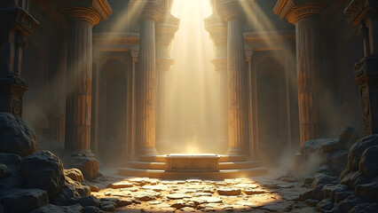 古代遺跡の光差し込む神秘的な空間の背景｜Mystical Ancient Ruins Interior with Light Rays Background