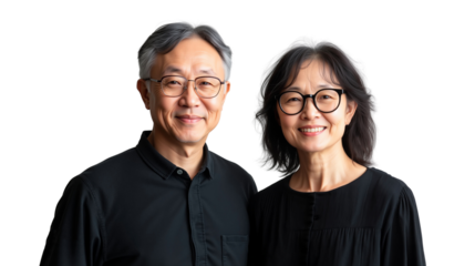 Portrait of a happy senior Asian couple wearing glasses and matching black shirts, isolated on transparent background, png