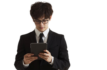 Focused young Asian businessman in a suit using a digital tablet, isolated on transparent background, png