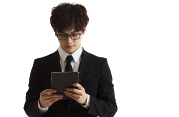 Focused young Asian businessman in a suit using a digital tablet, isolated on transparent background, png