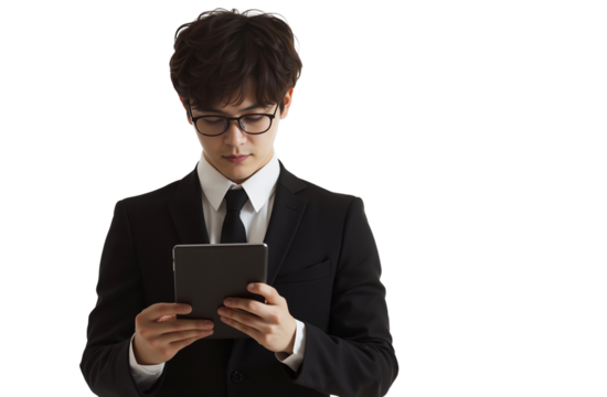 Focused young Asian businessman in a suit using a digital tablet, isolated on transparent background, png