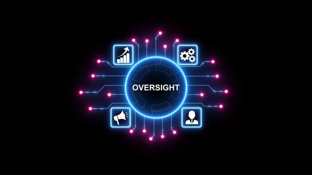 Futuristic digital oversight network with glowing neon circuit board connecting.