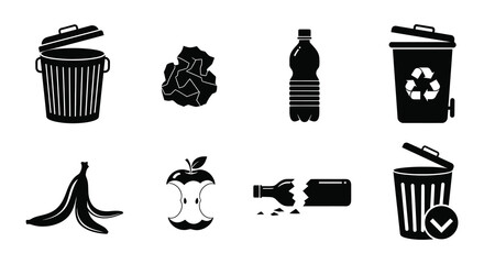 Illustrations of various waste materials and receptacles in a monochrome style
