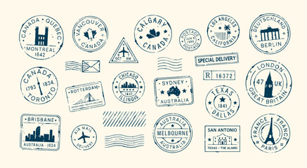 Postal stamps and mail post labels from different countries. A set of stamps for envelopes and parcels in retro style. Chicago, Los Angeles, Berlin, France, Texas, Australia. Vector illustration