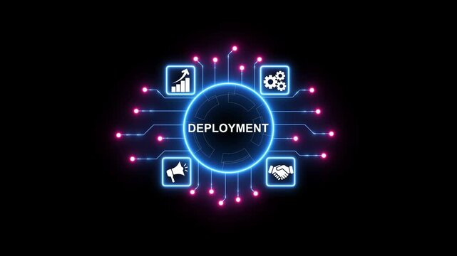 Digital deployment network hub with glowing neon circuits and icons.
