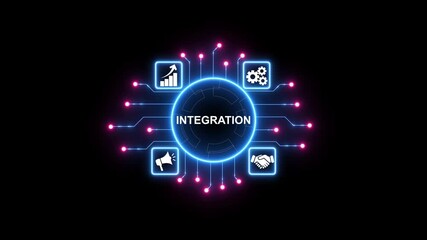 Futuristic neon digital integration hub connecting data points and icons. - Powered by Adobe