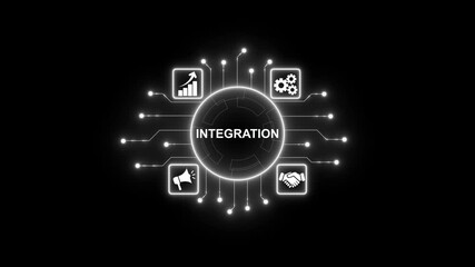 Futuristic neon digital integration hub connecting data points and icons. - Powered by Adobe