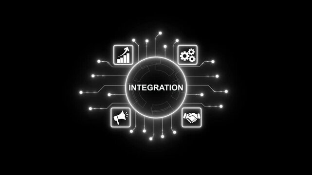 Futuristic neon digital integration hub connecting data points and icons.