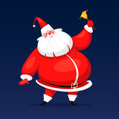 Santa Claus standing with a bell in his hand. Smiling old man with a white beard and mustache in a red suit. New Year and Christmas design. Vector illustration.