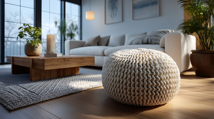 A modern living room with a knitted pouf, sofa, and wooden coffee table