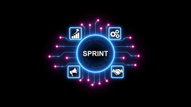 Futuristic digital interface with glowing neon circuit board connecting to central hub displaying sprint concept.