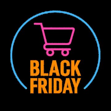 Black Friday Neon Logo with Shopping Cart and Glowing Circular Design