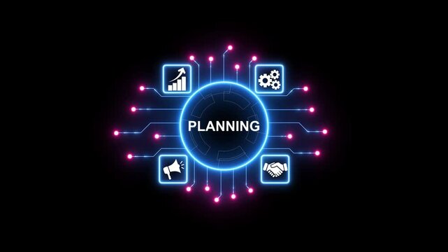 Futuristic digital planning interface with glowing neon circuit board connections and icons 