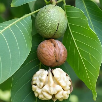 Illustration of walnuts in various stages of development on a branch with green leaves