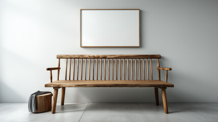 A wooden bench with a blank frame and a stool against a gray wall