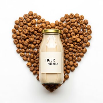 Illustration of tiger nut milk bottle with chufa nuts in heart shape, isolated on white background
