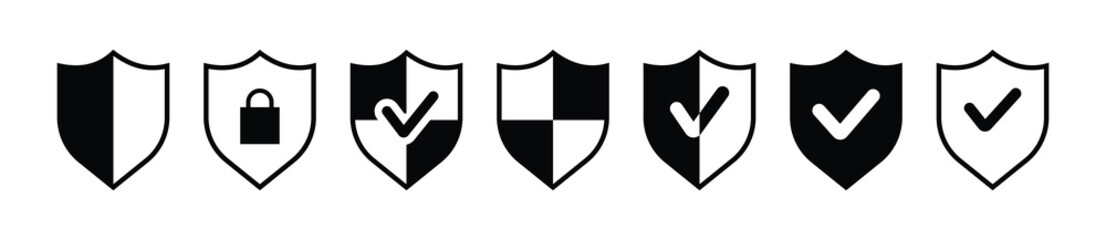 Set of security shield icons, security shields logotypes with check mark and padlock. Safety shield symbols. Security and privacy symbol. Vector illustration. 
