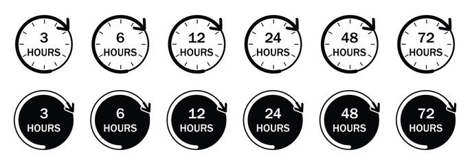 Clock and time. Watch and hours. Features 3, 6, 12, 24, 48, 72,-hour marks in circle with arrow. Flat vector illustrations isolated in background.