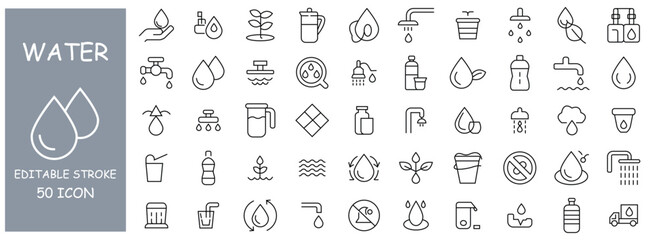 Water drops linear icon collection real estate. Drop Water, Mineral Water, Low and High Tide, Shower, Plastic Bottle and Glass. Vector
