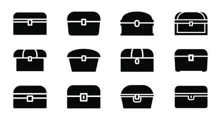 A collection of stylized black treasure chests in various shapes and designs