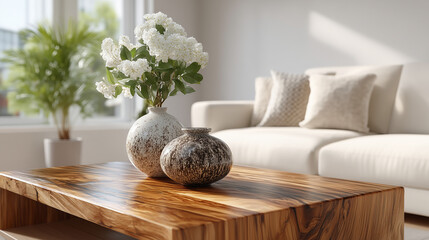 Close up of vases on a wooden coffee table in a bright living room setting