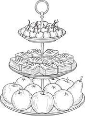 A threetiered serving stand line art illustration filled with cherries square cakes apples and a pear.