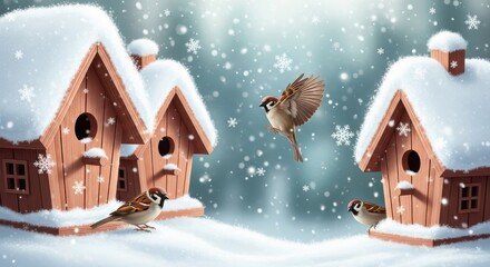 Sparrows near birdhouses covered in snow during a snowfall in a winter wonderland scene art