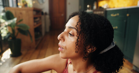 Yoga, breathing and woman in home for thinking, peace and health with calm on break. Self care, yogi and person in kitchen for holistic mindset, fitness and relax with reflection for wellness